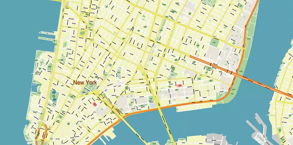 New York City: Manhattan + Long Island NY US Map Vector City Plan High Detailed Street Map editable Adobe Illustrator in layers