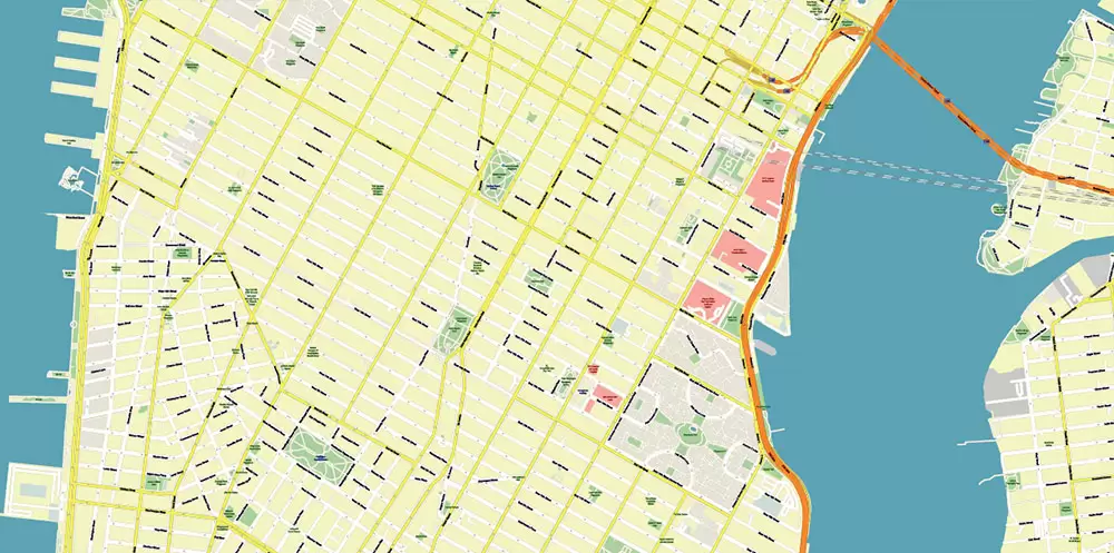 New York City: Manhattan + Long Island NY US Map Vector City Plan High Detailed Street Map editable Adobe Illustrator in layers