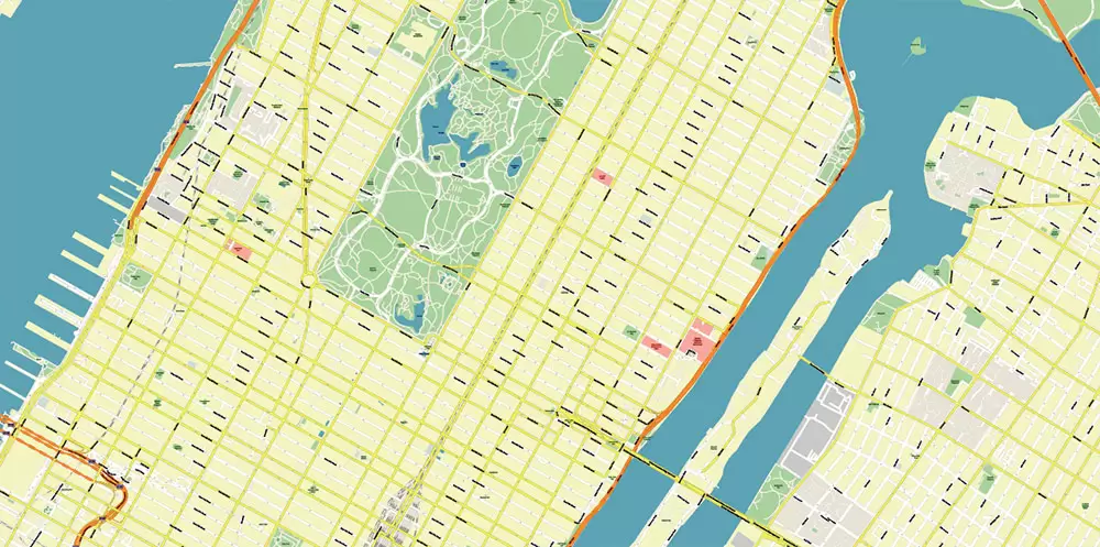 New York City: Manhattan + Long Island NY US Map Vector City Plan High Detailed Street Map editable Adobe Illustrator in layers