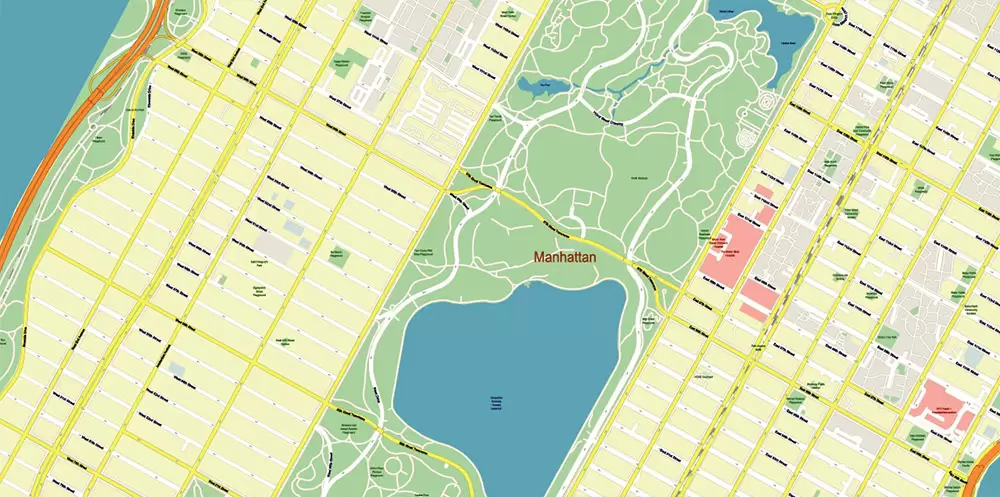New York City: Manhattan + Long Island NY US Map Vector City Plan High Detailed Street Map editable Adobe Illustrator in layers