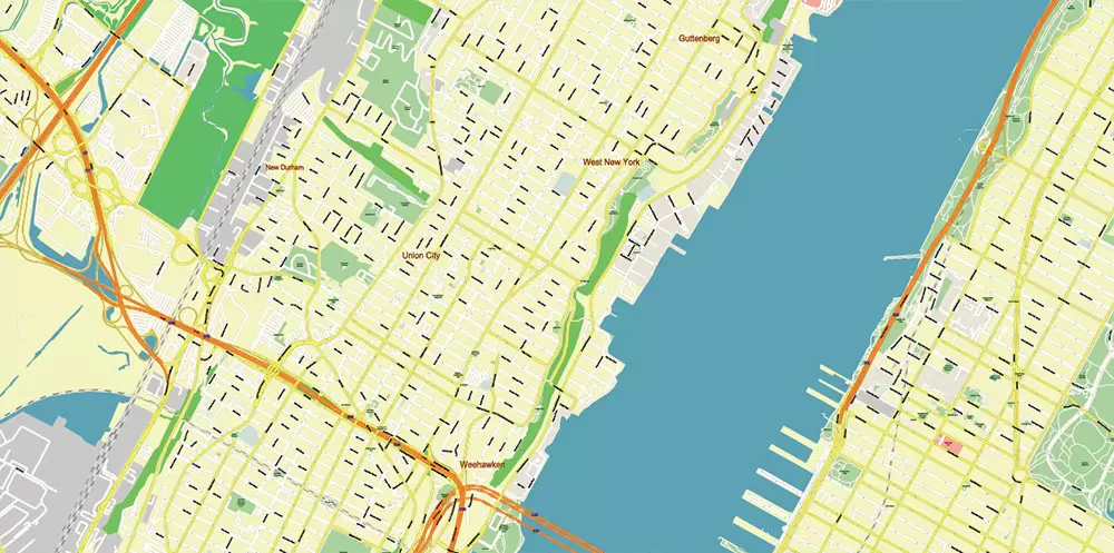 New York City: Manhattan + Long Island NY US Map Vector City Plan High Detailed Street Map editable Adobe Illustrator in layers