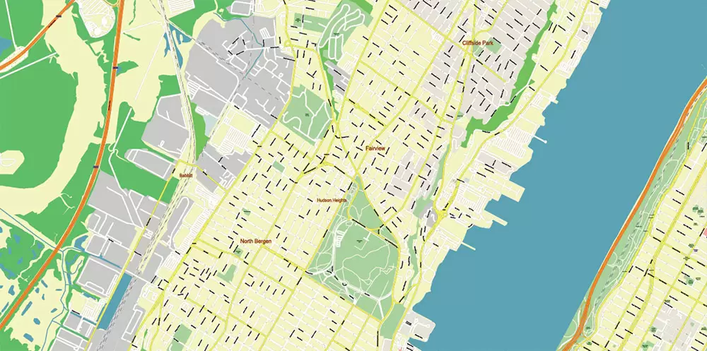 New York City: Manhattan + Long Island NY US Map Vector City Plan High Detailed Street Map editable Adobe Illustrator in layers