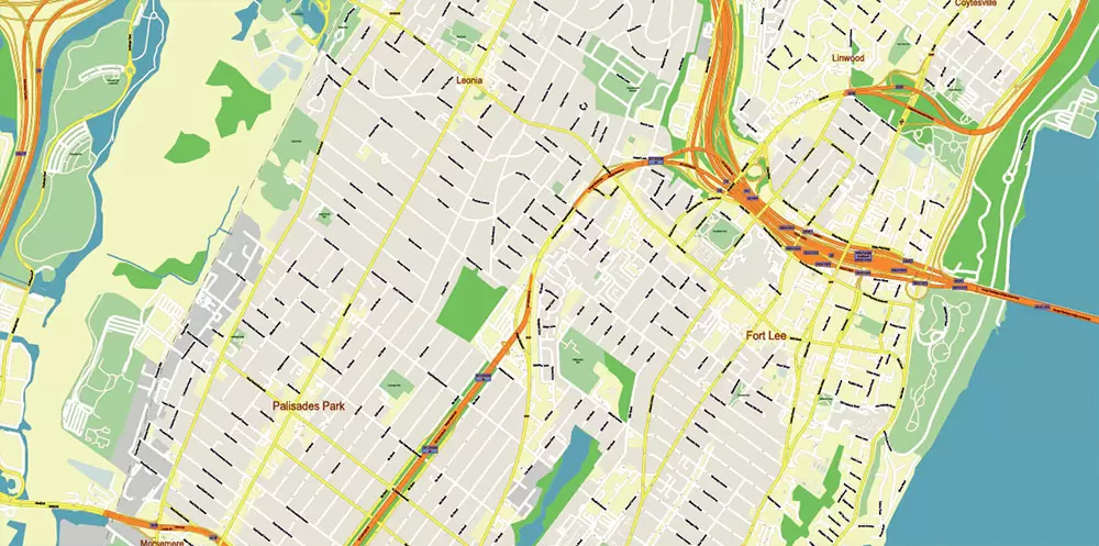 New York City: Manhattan + Long Island NY US Map Vector City Plan High Detailed Street Map editable Adobe Illustrator in layers