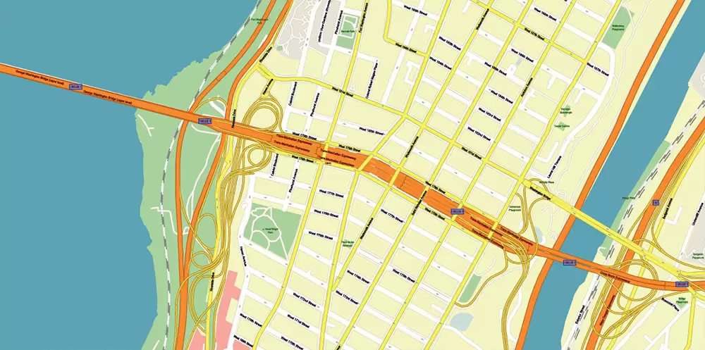 New York City: Manhattan + Long Island NY US Map Vector City Plan High Detailed Street Map editable Adobe Illustrator in layers