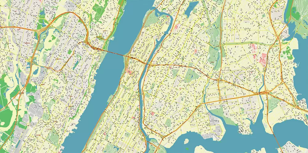 New York City: Manhattan + Long Island NY US Map Vector City Plan High Detailed Street Map editable Adobe Illustrator in layers