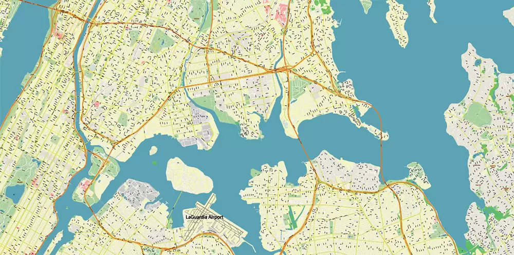 New York City: Manhattan + Long Island NY US Map Vector City Plan High Detailed Street Map editable Adobe Illustrator in layers