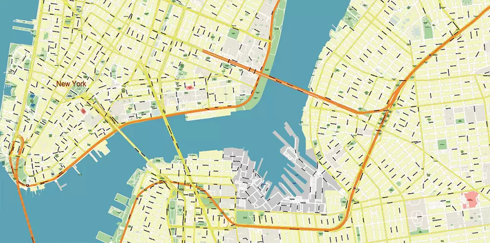 New York City: Manhattan + Long Island NY US Map Vector City Plan High Detailed Street Map editable Adobe Illustrator in layers