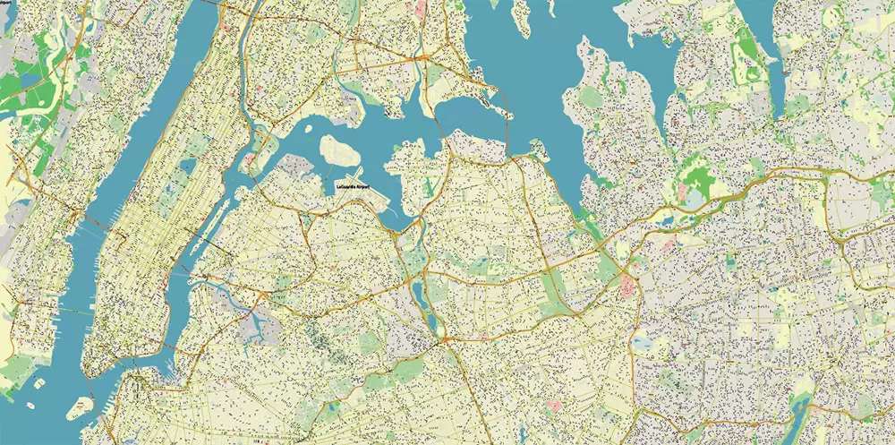 New York City: Manhattan + Long Island NY US Map Vector City Plan High Detailed Street Map editable Adobe Illustrator in layers