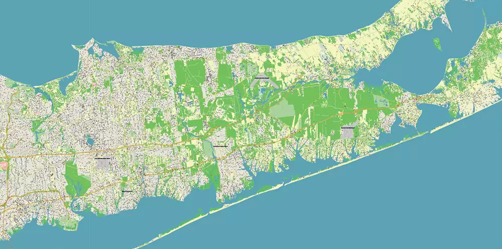 New York City: Manhattan + Long Island NY US Map Vector City Plan High Detailed Street Map editable Adobe Illustrator in layers