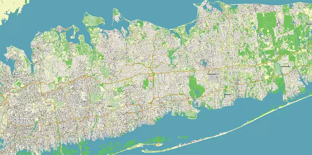 New York City: Manhattan + Long Island NY US Map Vector City Plan High Detailed Street Map editable Adobe Illustrator in layers