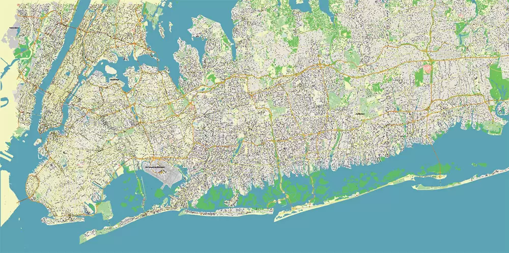 New York City: Manhattan + Long Island NY US Map Vector City Plan High Detailed Street Map editable Adobe Illustrator in layers