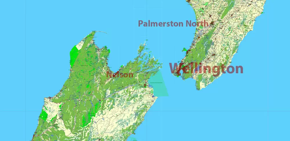 New Zealand complete country Map Vector Extra High Detailed Street Road Map + relief Isolines editable Adobe Illustrator in layers