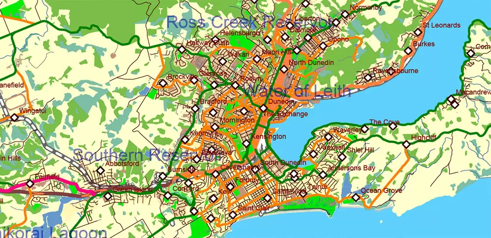 New Zealand complete country Map Vector Extra High Detailed Street Road Map + relief Isolines editable Adobe Illustrator in layers