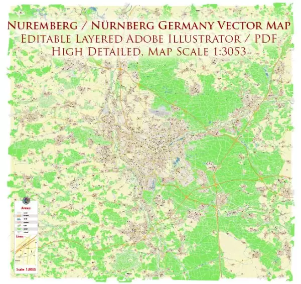 Nuremberg / Nürnberg Germany Map Vector City Plan High Detailed Street Map editable Adobe Illustrator in layers