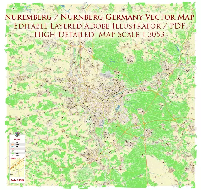 Nuremberg / Nürnberg Germany PDF Vector Map: City Plan High Detailed Street Map editable Adobe PDF in layers