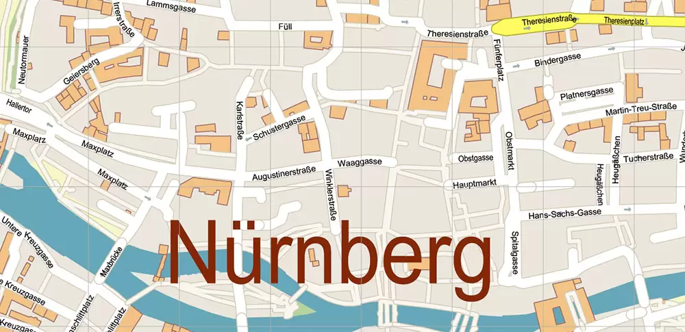 Nuremberg / Nürnberg Germany PDF Vector Map: City Plan High Detailed Street Map editable Adobe PDF in layers