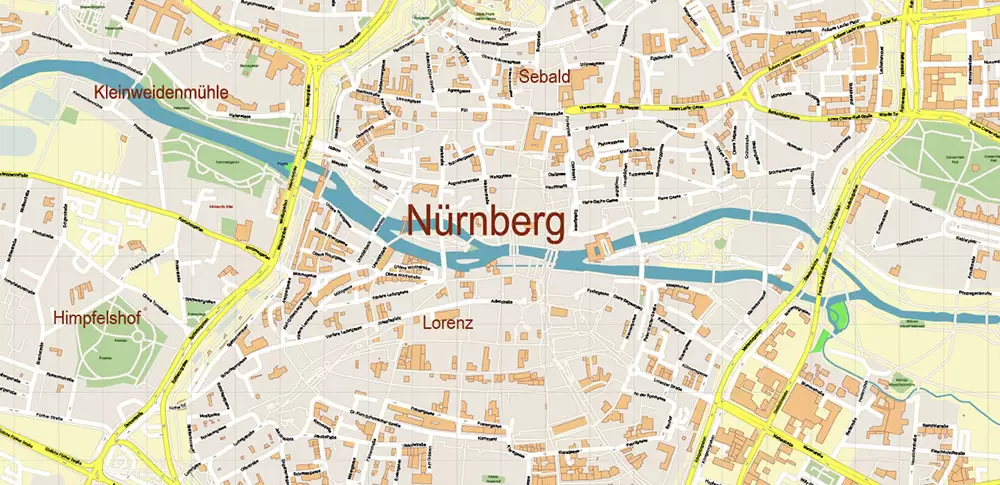 Nuremberg / Nürnberg Germany PDF Vector Map: City Plan High Detailed Street Map editable Adobe PDF in layers