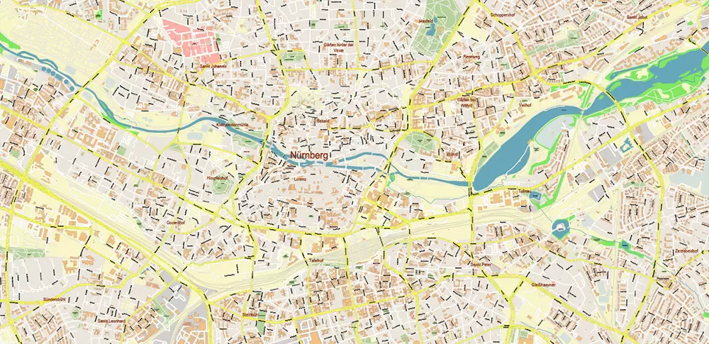 Nuremberg / Nürnberg Germany PDF Vector Map: City Plan High Detailed Street Map editable Adobe PDF in layers
