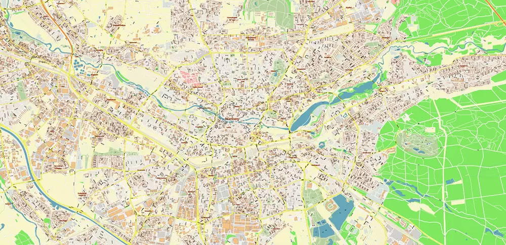 Nuremberg / Nürnberg Germany PDF Vector Map: City Plan High Detailed Street Map editable Adobe PDF in layers