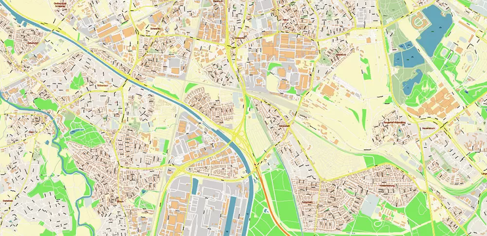 Nuremberg / Nürnberg Germany PDF Vector Map: City Plan High Detailed Street Map editable Adobe PDF in layers