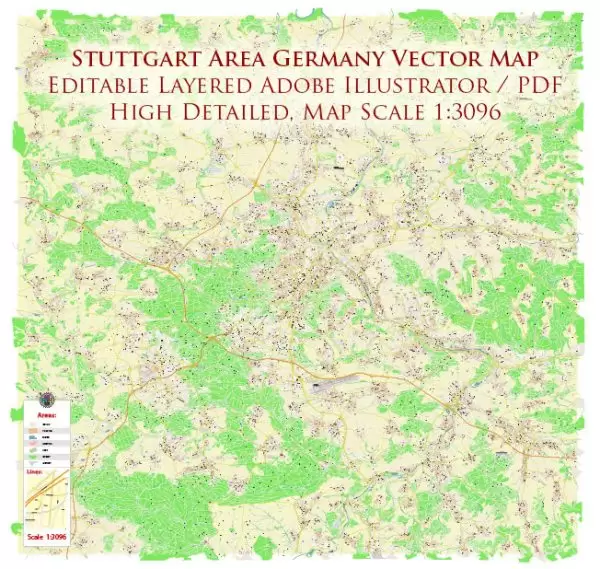 Stuttgart Germany Map Vector City Plan High Detailed Street Map editable Adobe Illustrator in layers