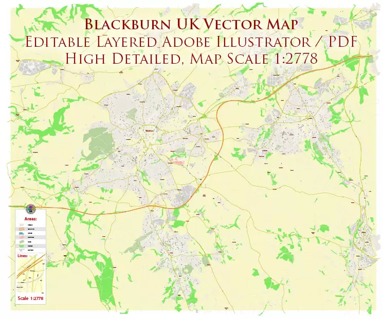 Blackburn UK PDF Vector Map: City Plan High Detailed Street Map editable Adobe PDF in layers