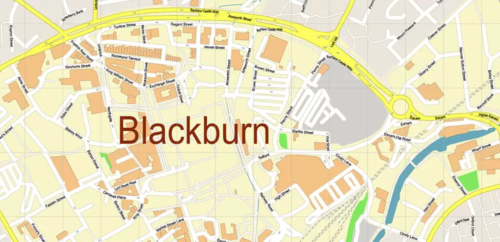 Blackburn UK PDF Vector Map: City Plan High Detailed Street Map editable Adobe PDF in layers