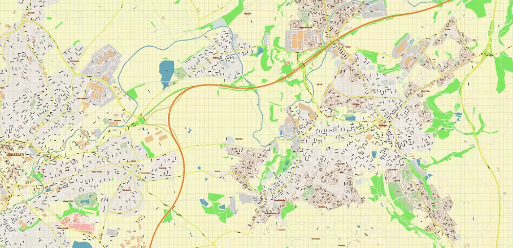 Blackburn UK PDF Vector Map: City Plan High Detailed Street Map editable Adobe PDF in layers