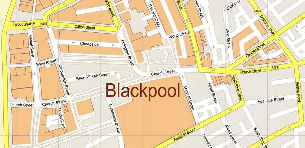Blackpool + Preston + Garstang UK PDF Vector Map: City Plan High Detailed Street Map editable Adobe PDF in layers