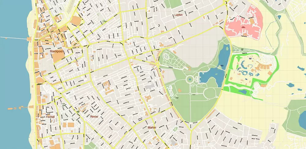 Blackpool + Preston + Garstang UK PDF Vector Map: City Plan High Detailed Street Map editable Adobe PDF in layers