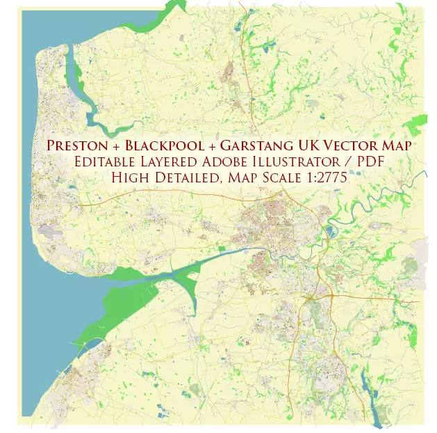 Blackpool + Preston + Garstang UK PDF Vector Map: City Plan High Detailed Street Map editable Adobe PDF in layers