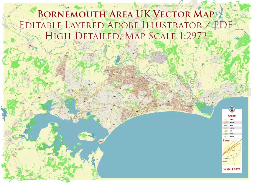 Bournemouth UK PDF Vector Map: City Plan High Detailed Street Map editable Adobe PDF in layers