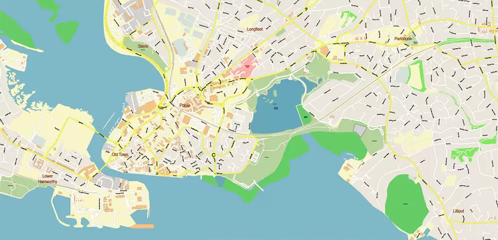 Bournemouth UK PDF Vector Map: City Plan High Detailed Street Map editable Adobe PDF in layers