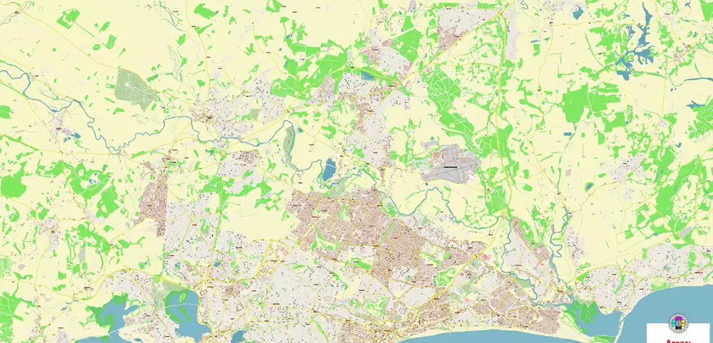 Bournemouth UK PDF Vector Map: City Plan High Detailed Street Map editable Adobe PDF in layers