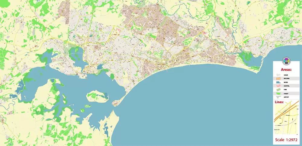 Bournemouth UK PDF Vector Map: City Plan High Detailed Street Map editable Adobe PDF in layers
