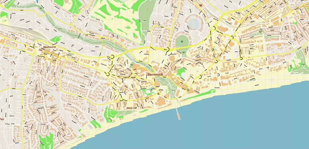 Bournemouth UK PDF Vector Map: City Plan High Detailed Street Map editable Adobe PDF in layers