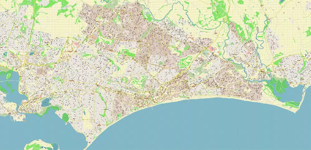 Bournemouth UK PDF Vector Map: City Plan High Detailed Street Map editable Adobe PDF in layers