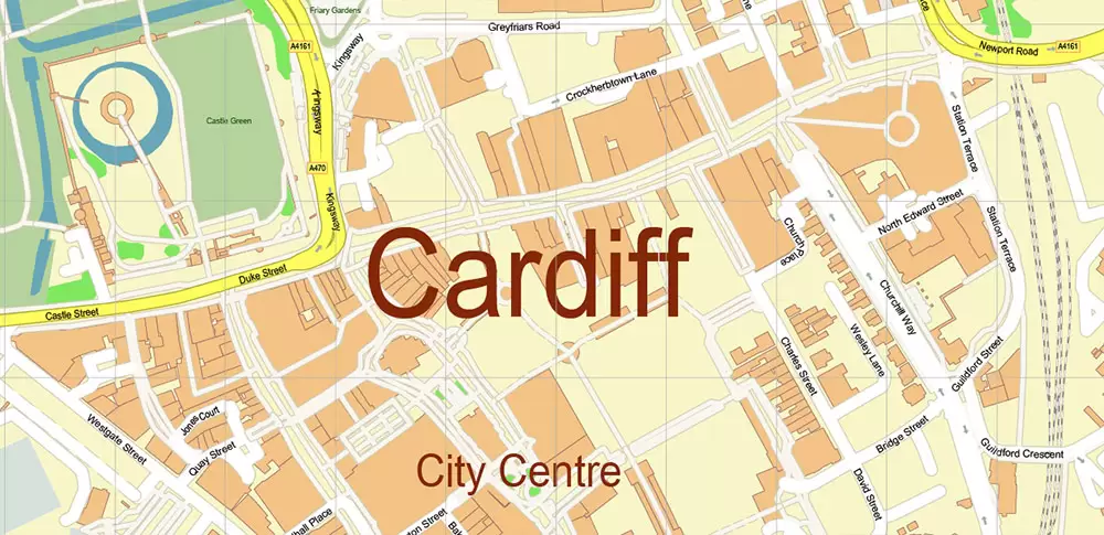Cardiff UK PDF Vector Map: City Plan High Detailed Street Map editable Adobe PDF in layers