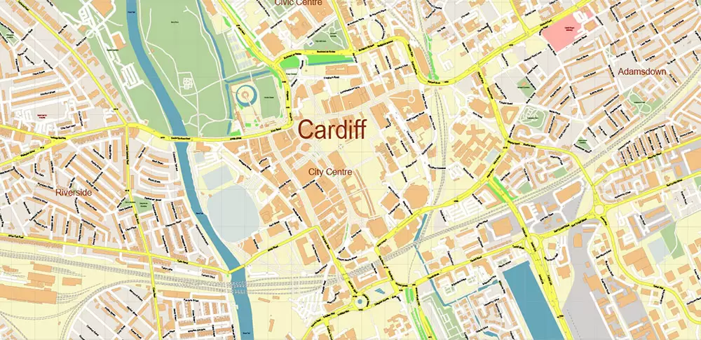 Cardiff UK PDF Vector Map: City Plan High Detailed Street Map editable Adobe PDF in layers