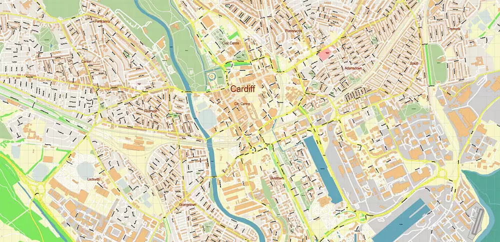 Cardiff UK PDF Vector Map: City Plan High Detailed Street Map editable Adobe PDF in layers