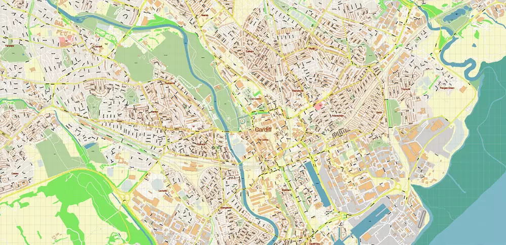 Cardiff UK PDF Vector Map: City Plan High Detailed Street Map editable Adobe PDF in layers