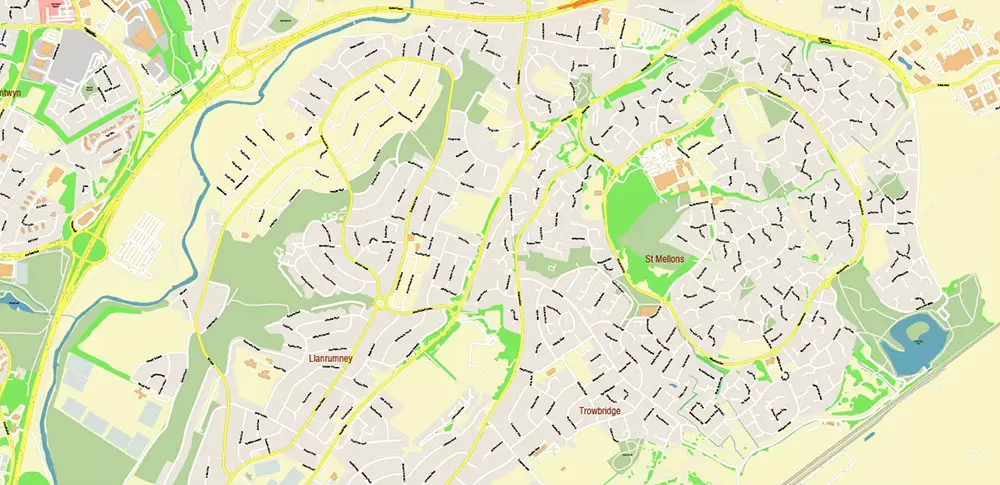 Cardiff UK PDF Vector Map: City Plan High Detailed Street Map editable Adobe PDF in layers