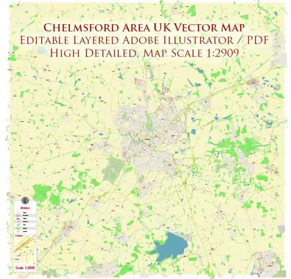 Chelmsford UK Map Vector City Plan High Detailed Street Map editable Adobe Illustrator in layers