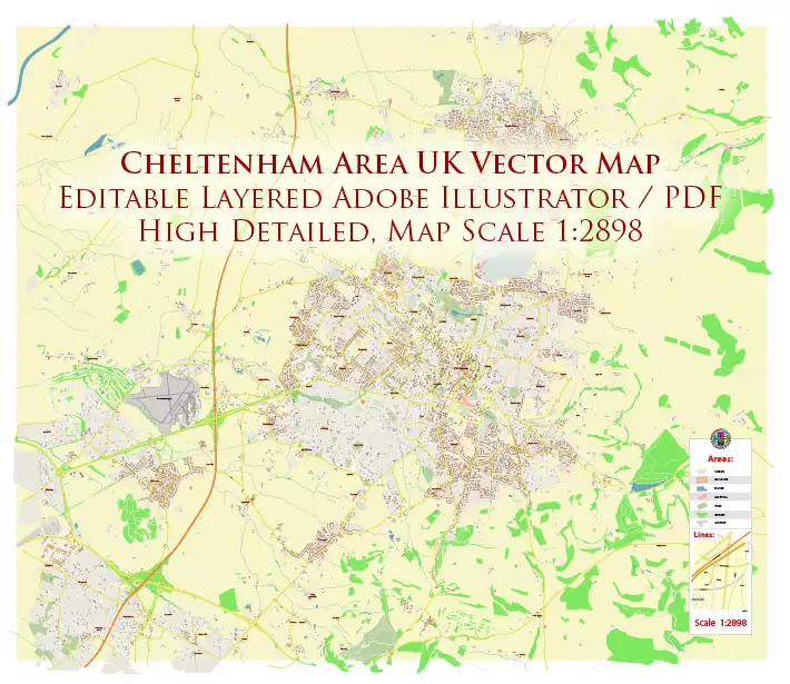 Cheltenham UK PDF Vector Map: City Plan High Detailed Street Map editable Adobe PDF in layers