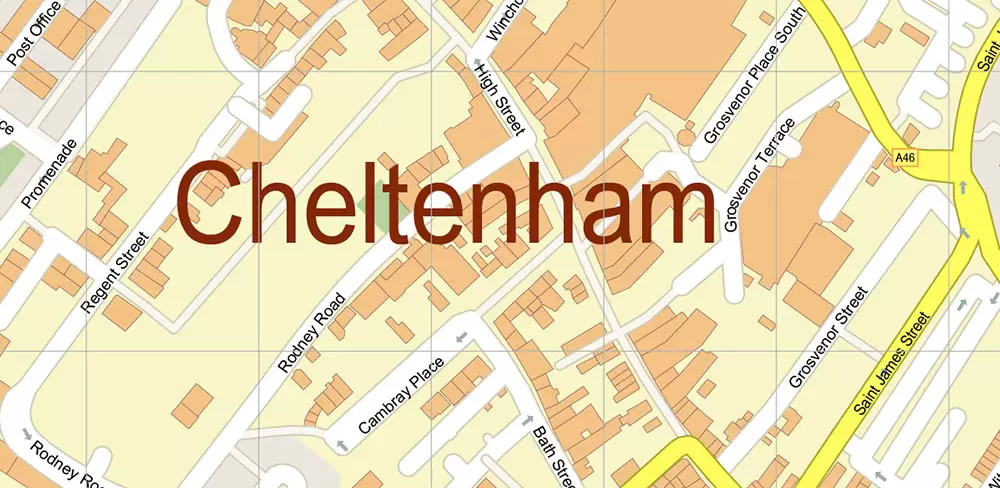 Cheltenham UK PDF Vector Map: City Plan High Detailed Street Map editable Adobe PDF in layers