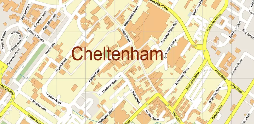 Cheltenham UK PDF Vector Map: City Plan High Detailed Street Map editable Adobe PDF in layers