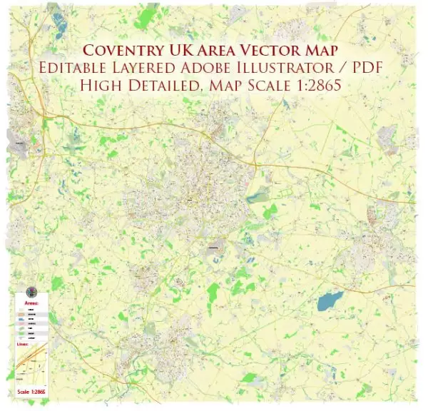 Coventry UK Map Vector City Plan High Detailed Street Map editable Adobe Illustrator in layers