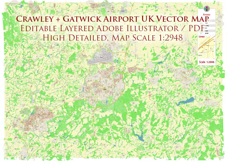 Crawley + Gatwick Airport UK PDF Vector Map: City Plan High Detailed Street Map editable Adobe PDF in layers