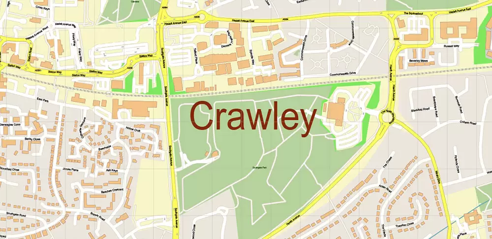 Crawley + Gatwick Airport UK PDF Vector Map: City Plan High Detailed Street Map editable Adobe PDF in layers