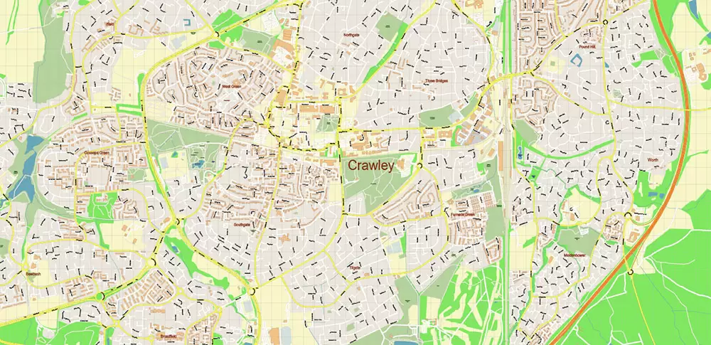 Crawley + Gatwick Airport UK PDF Vector Map: City Plan High Detailed Street Map editable Adobe PDF in layers